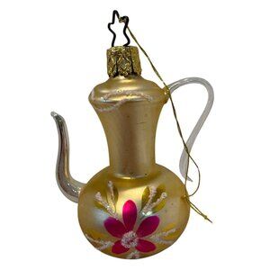 Lundberg studios art glass Vintage Gold Teapot Ornament With Pink Flower Design